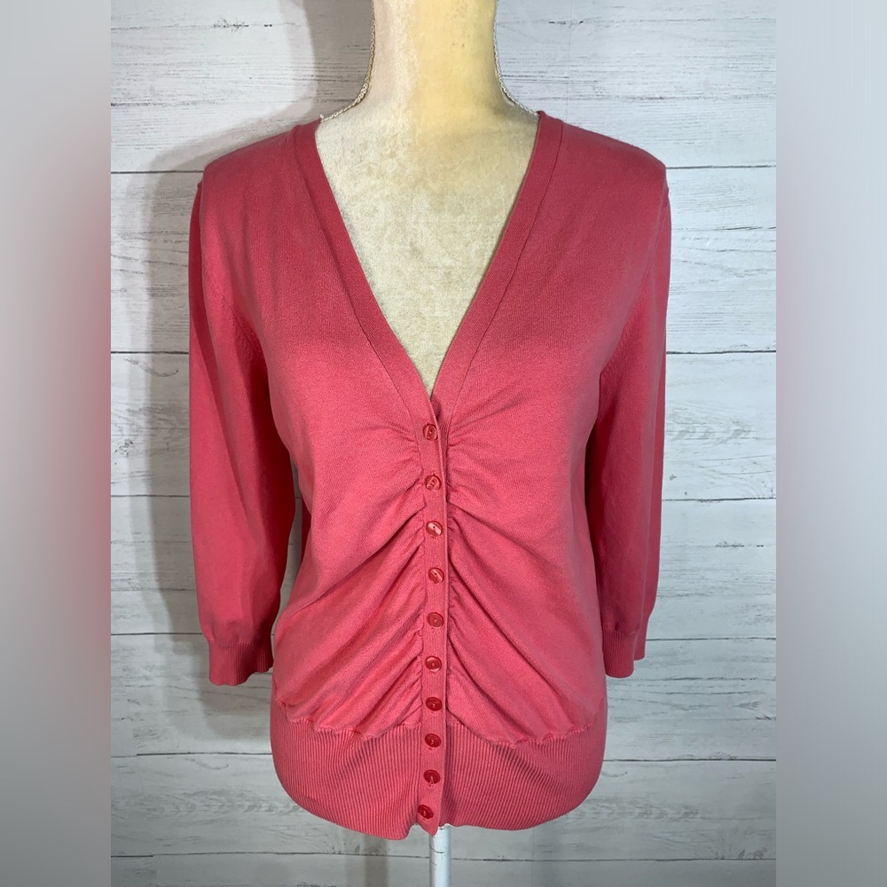 Mainbocher Silk Blend ruched Cardigan Sweater  Button front Pink coral size M